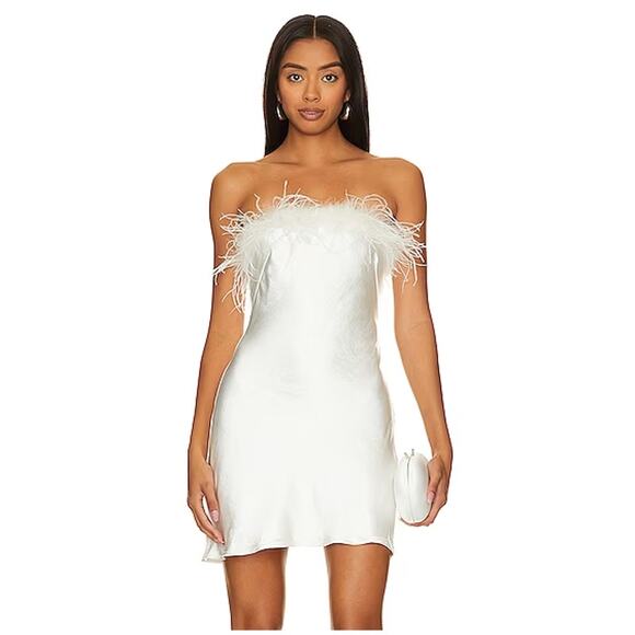 Lovers and Friends | Moira Mini Dress in White Strapless Satin Feather Trim XS - Picture 1 of 13